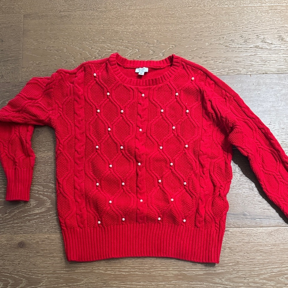 Crown & Ivy Red Cable Knit Sweater Pearl Detail Cozy Winter Top Size S - Picture 2 of 6